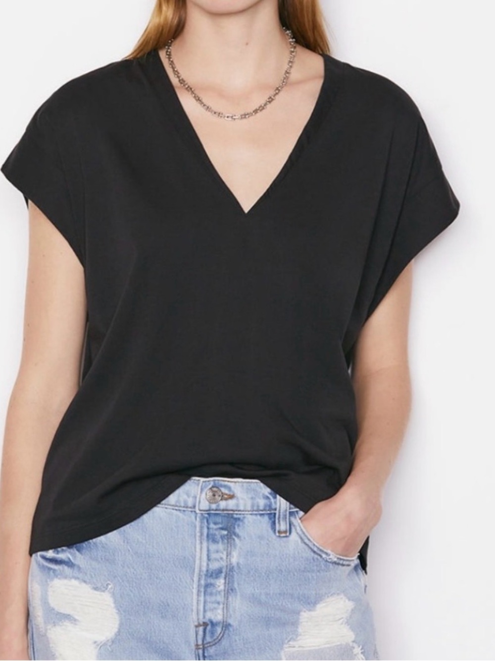 Frame Black V-Neck Short Sleeve Tee Small Cotton Le Mid Rise V
